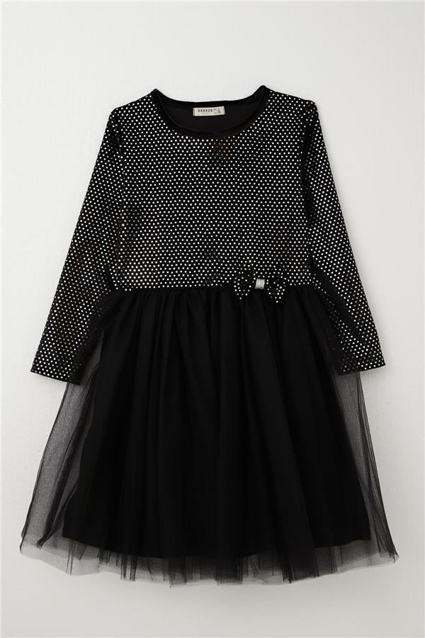 Girl's Long-Sleeved Velvet Sequin Dress, Black (Ages 5-10)