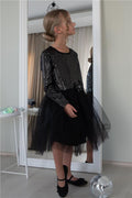Girl's Long-Sleeved Velvet Sequin Dress, Black (Ages 5-10)