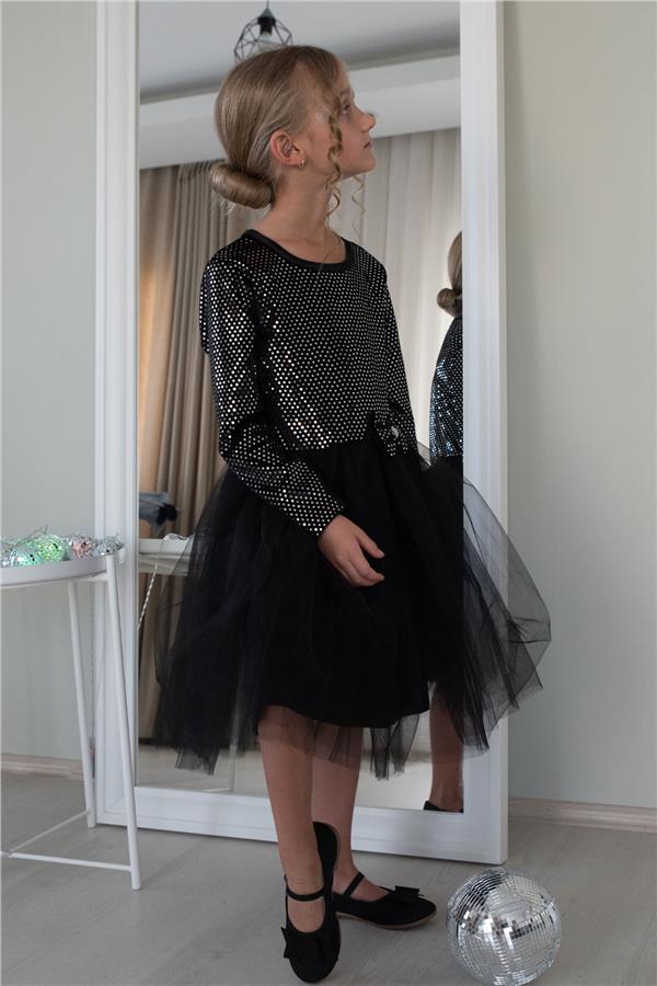 Girl's Long-Sleeved Velvet Sequin Dress, Black (Ages 5-10)