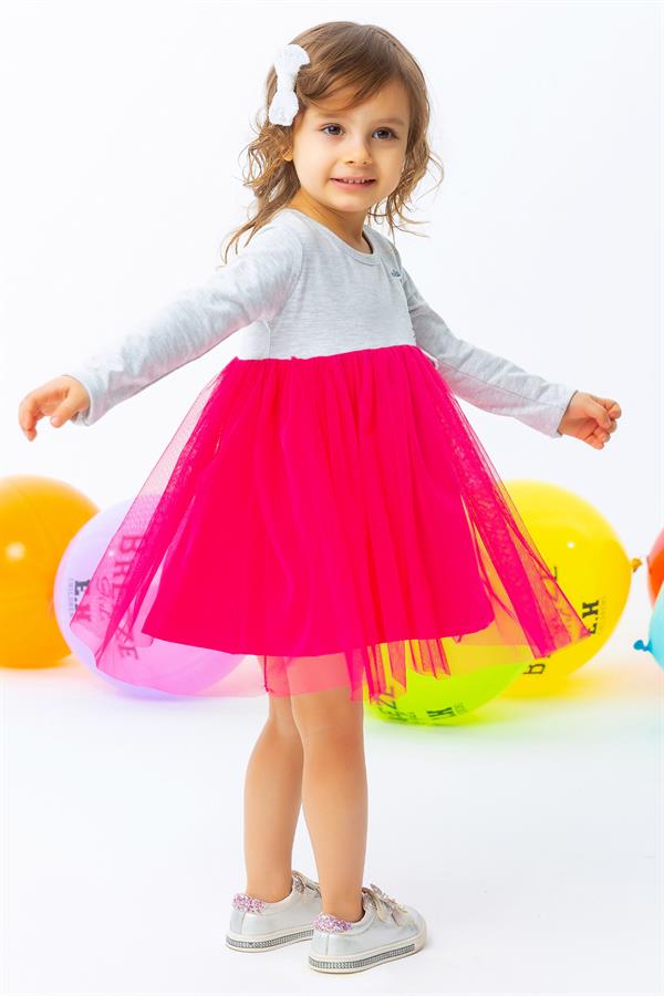 Baby Girl Long-Sleeved Dress with Kitten Embroidery, Grey Melange (1.5-2 Years)