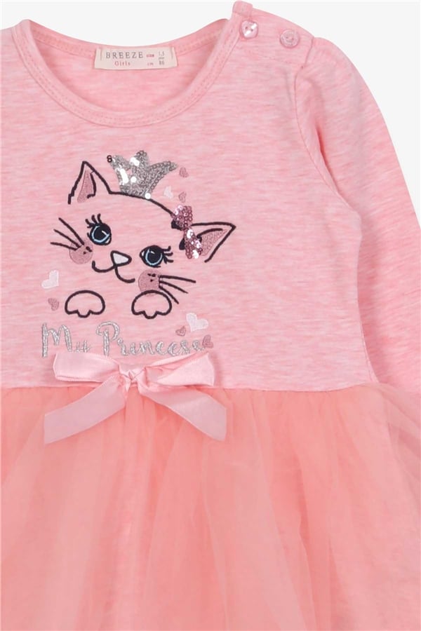 Baby Girl Long-Sleeved Dress with Kitten Embroidery and Sequins, Salmon Melange (1.5 Years)