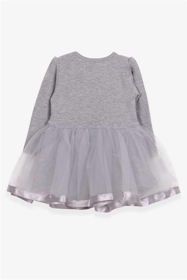 Baby Girl Long-Sleeved Dress with Kitten Embroidery and Sequins, Grey Melange (1.5-2 Years)