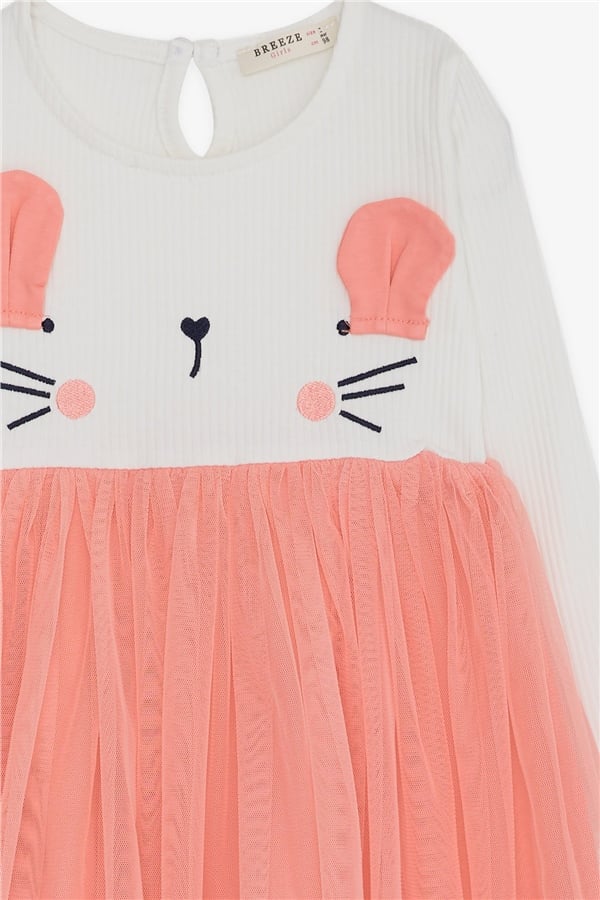 Baby Girl Long-Sleeved Dress with Kitten Embroidery, Off-White (1.5-2 Years)