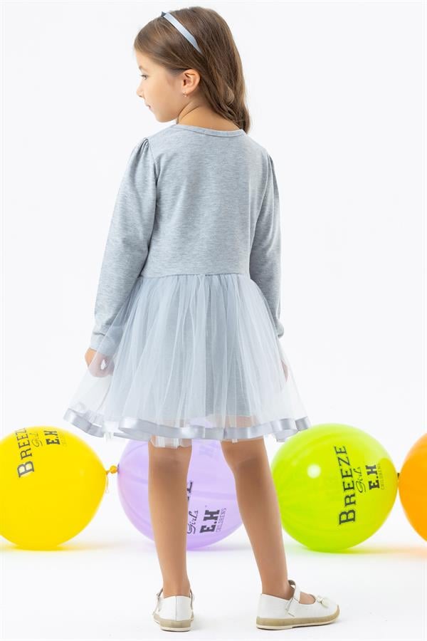 Baby Girl Long-Sleeved Dress with Kitten Embroidery and Sequins, Grey Melange (1.5-2 Years)