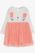 Baby Girl Long-Sleeved Dress with Kitten Embroidery, Off-White (1.5-2 Years)
