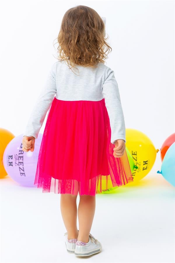Baby Girl Long-Sleeved Dress with Kitten Embroidery, Grey Melange (1.5-2 Years)