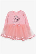Baby Girl Long-Sleeved Dress with Kitten Embroidery and Sequins, Salmon Melange (1.5 Years)