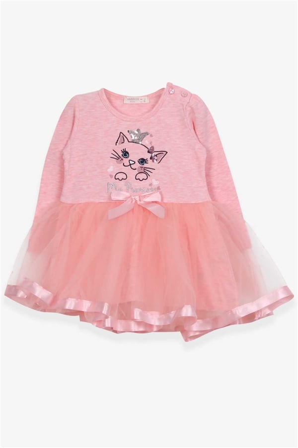 Baby Girl Long-Sleeved Dress with Kitten Embroidery and Sequins, Salmon Melange (1.5 Years)