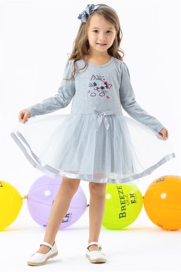 Baby Girl Long-Sleeved Dress with Kitten Embroidery and Sequins, Grey Melange (1.5-2 Years)
