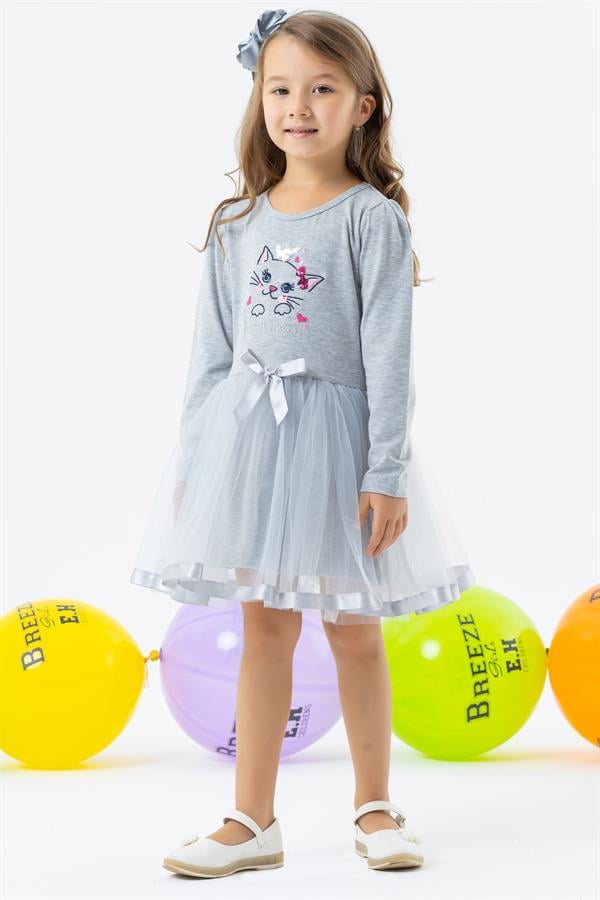 Baby Girl Long-Sleeved Dress with Kitten Embroidery and Sequins, Grey Melange (1.5-2 Years)
