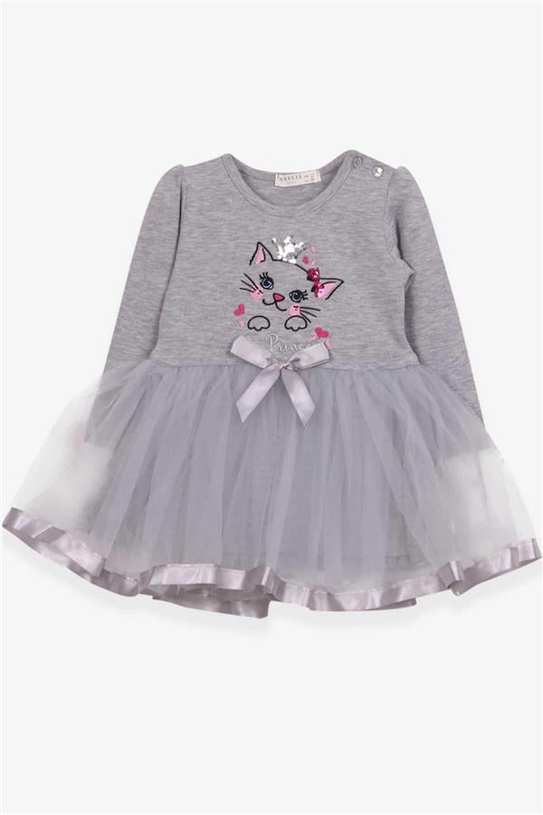 Baby Girl Long-Sleeved Dress with Kitten Embroidery and Sequins, Grey Melange (1.5-2 Years)