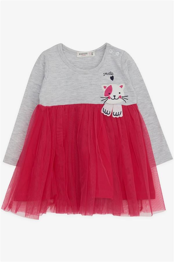 Baby Girl Long-Sleeved Dress with Kitten Embroidery, Grey Melange (1.5-2 Years)