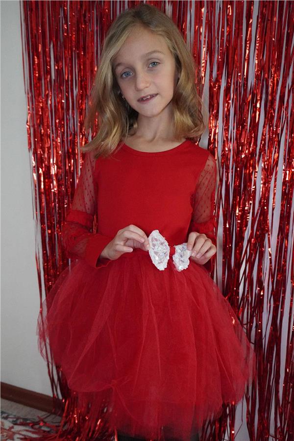 Girl's Long-Sleeved Dress with Tulle Sleeves and Bow Accessory, Red (Ages 5-10)