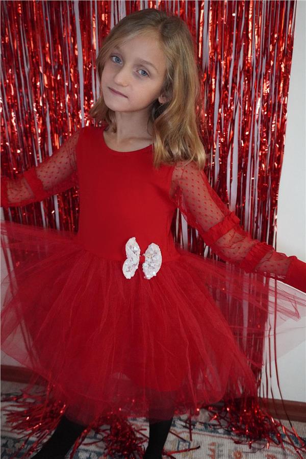 Girl's Long-Sleeved Dress with Tulle Sleeves and Bow Accessory, Red (Ages 5-10)