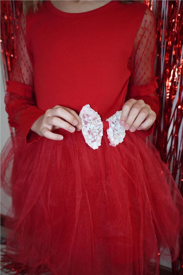 Girl's Long-Sleeved Dress with Tulle Sleeves and Bow Accessory, Red (Ages 5-10)