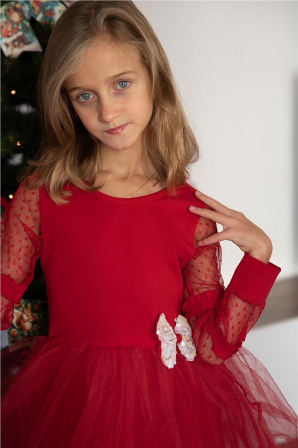 Girl's Long-Sleeved Dress with Tulle Sleeves and Bow Accessory, Red (Ages 5-10)