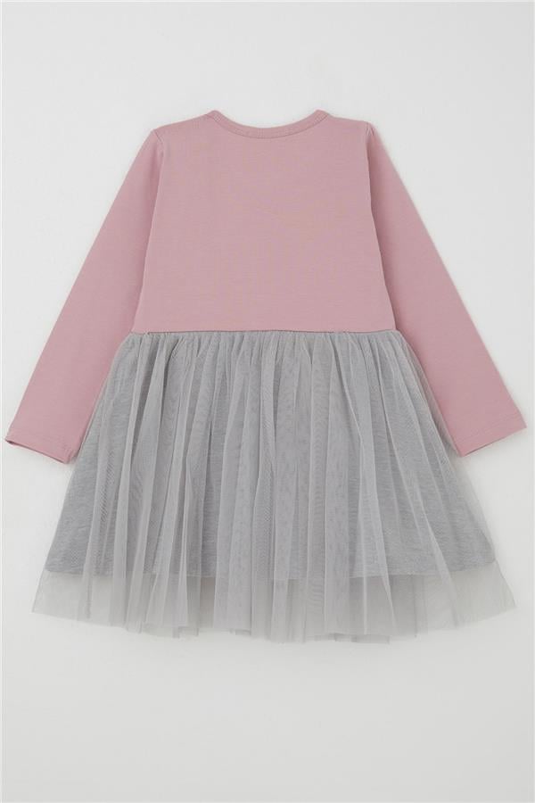 Girls' Long-Sleeved Dress, Little Girls' Love Theme, Happy Teddy Bear Print, Tulle, Lilac (1-3 Years)