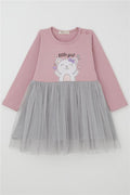 Girls' Long-Sleeved Dress, Little Girls' Love Theme, Happy Teddy Bear Print, Tulle, Lilac (1-3 Years)