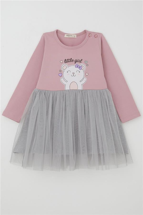 Girls' Long-Sleeved Dress, Little Girls' Love Theme, Happy Teddy Bear Print, Tulle, Lilac (1-3 Years)