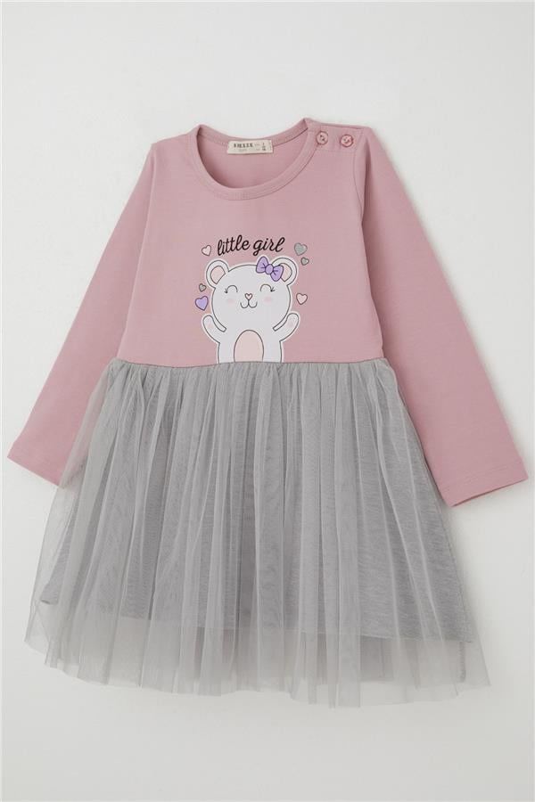 Girls' Long-Sleeved Dress, Little Girls' Love Theme, Happy Teddy Bear Print, Tulle, Lilac (1-3 Years)
