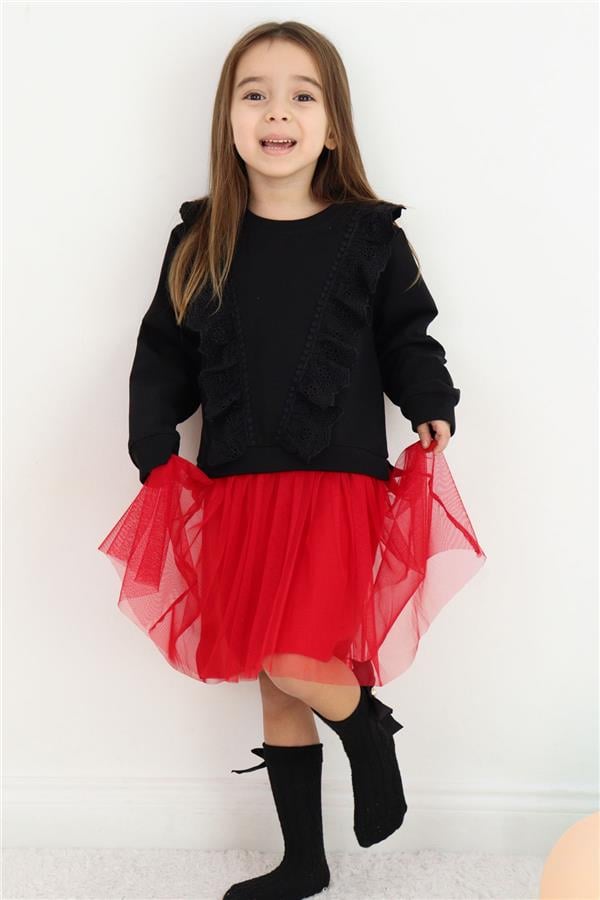 Girl's Long-Sleeved Dress with Embroidery, Guipure and Tulle, Black (Ages 3-8)