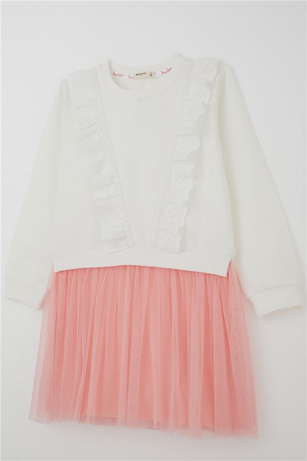 Girls' Long-Sleeved Dress with Embroidered Lace and Tulle, Ecru (Ages 3-8)