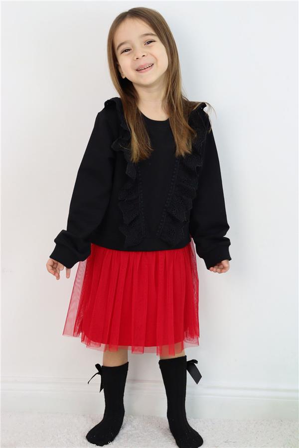 Girl's Long-Sleeved Dress with Embroidery, Guipure and Tulle, Black (Ages 3-8)