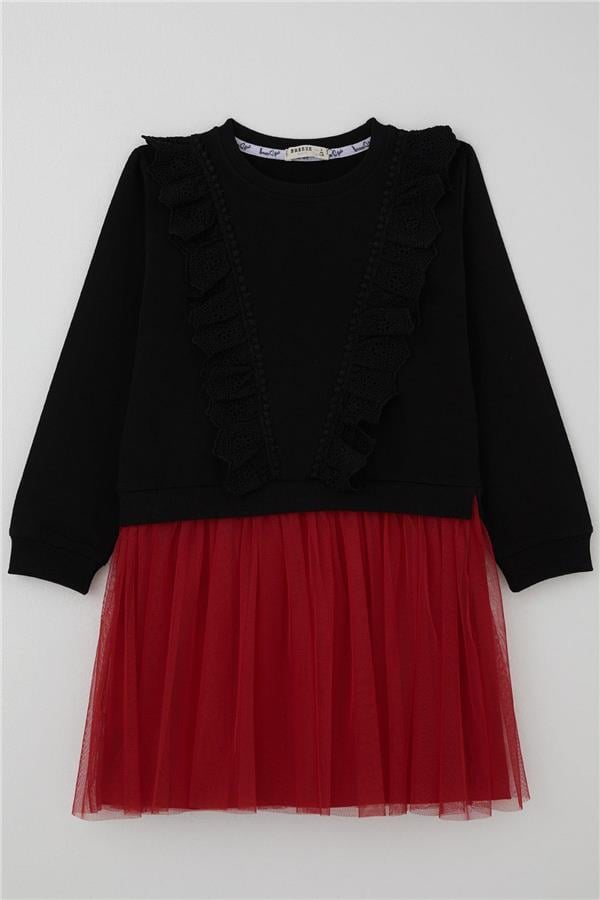 Girl's Long-Sleeved Dress with Embroidery, Guipure and Tulle, Black (Ages 3-8)