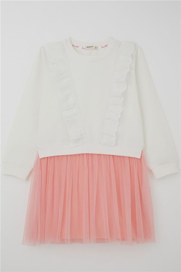 Girls' Long-Sleeved Dress with Embroidered Lace and Tulle, Ecru (Ages 3-8)