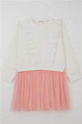 Girls' Long-Sleeved Dress with Embroidered Lace and Tulle, Ecru (Ages 3-8)