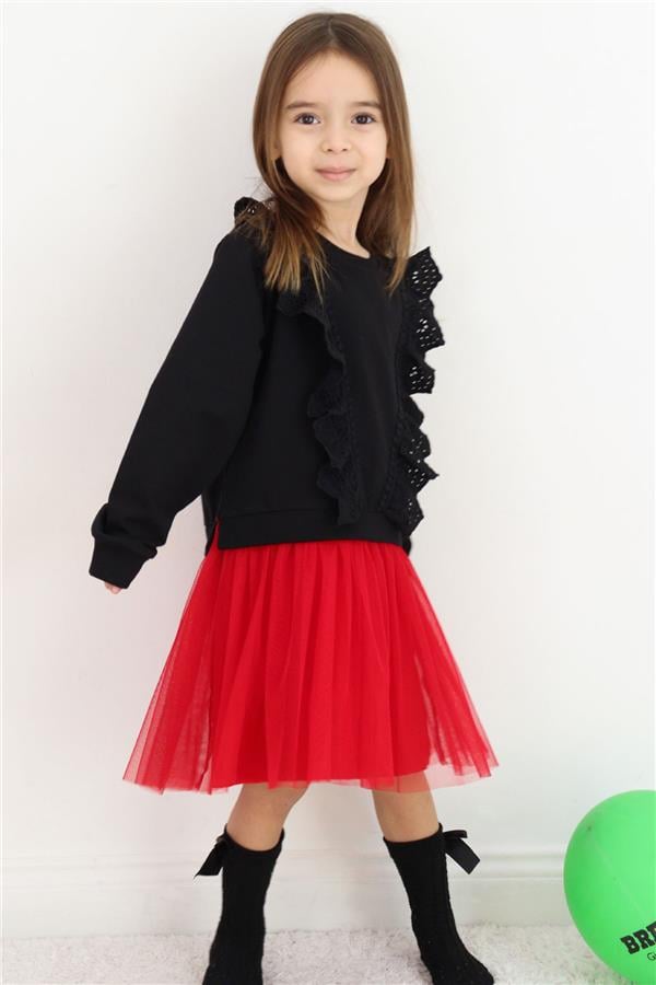 Girl's Long-Sleeved Dress with Embroidery, Guipure and Tulle, Black (Ages 3-8)