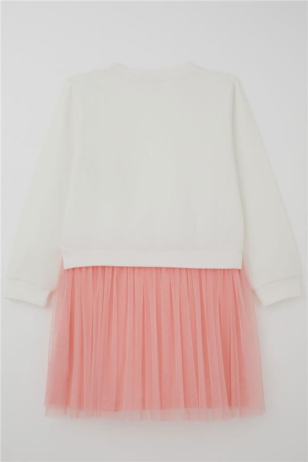 Girls' Long-Sleeved Dress with Embroidered Lace and Tulle, Ecru (Ages 3-8)