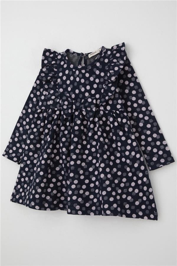 Girls' Long-Sleeved Dress with Polka Dot and Bow, Navy Blue (1.5-5 Years)