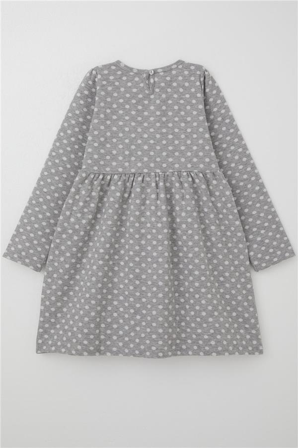 Girls' Long-Sleeved Dress with Polka Dot Pattern, Light Grey Melange (Ages 4-8)
