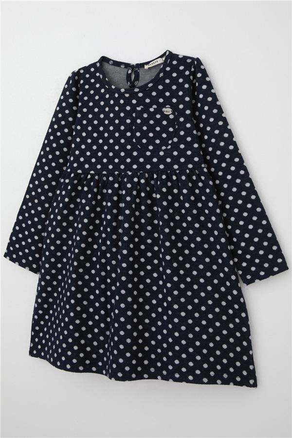 Girls' Long-Sleeved Dress with Polka Dot Pattern, Navy Blue (Ages 4-8)
