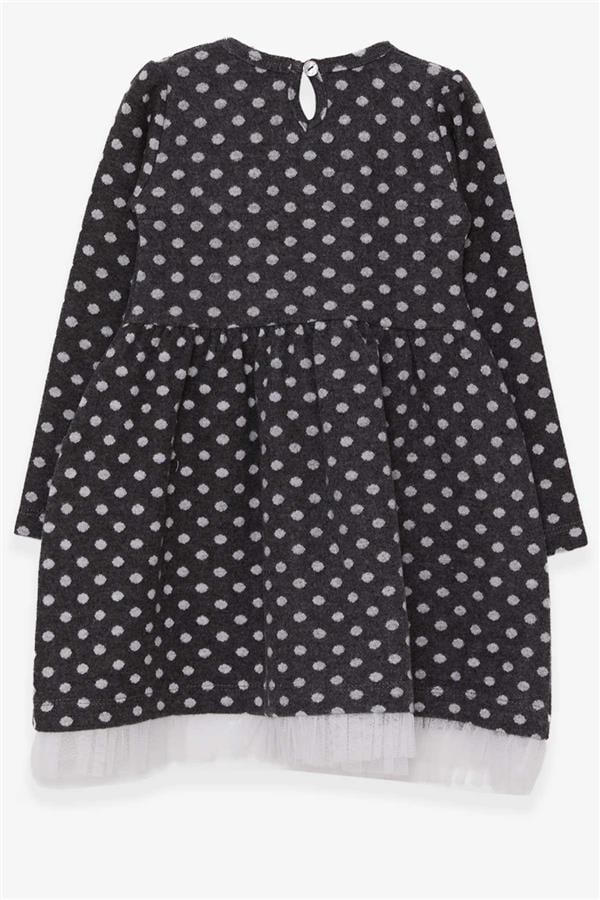 Girls' Long-Sleeved Dress with Polka Dots and White Flowers in Anthracite (Ages 3-7)