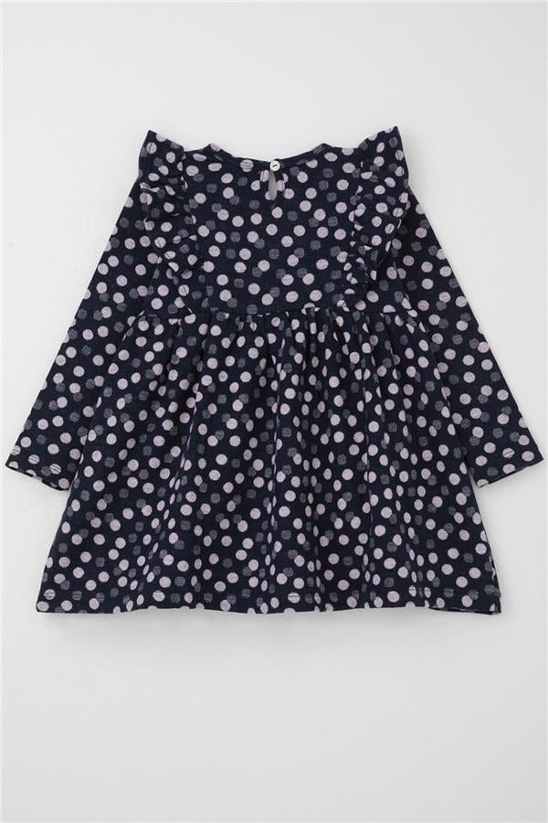 Girls' Long-Sleeved Dress with Polka Dot and Bow, Navy Blue (1.5-5 Years)