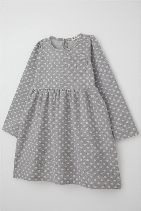 Girls' Long-Sleeved Dress with Polka Dot Pattern, Light Grey Melange (Ages 4-8)