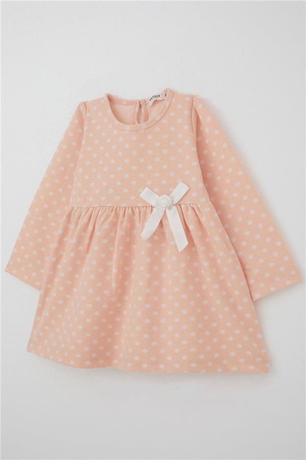 Girls' Long-Sleeved Dress with Polka Dot and Bow, Salmon (1.5-5 Years)