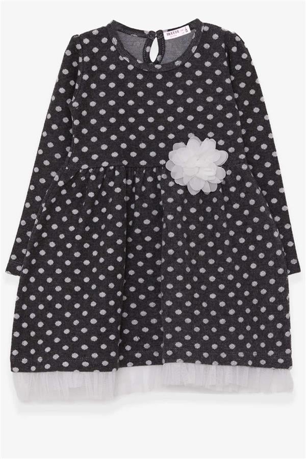 Girls' Long-Sleeved Dress with Polka Dots and White Flowers in Anthracite (Ages 3-7)