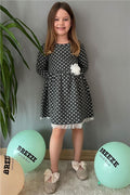 Girls' Long-Sleeved Dress with Polka Dots and White Flowers in Anthracite (Ages 3-7)