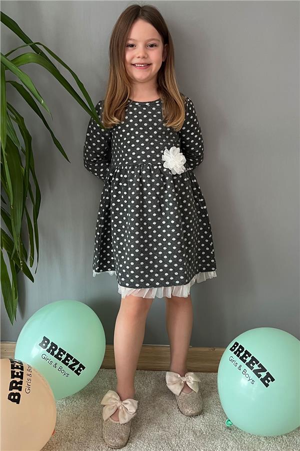 Girls' Long-Sleeved Dress with Polka Dots and White Flowers in Anthracite (Ages 3-7)
