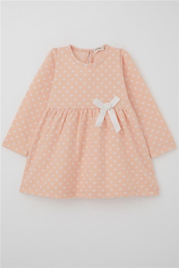 Girls' Long-Sleeved Dress with Polka Dot and Bow, Salmon (1.5-5 Years)