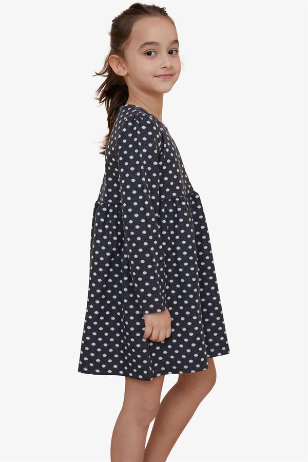 Girls' Long-Sleeved Dress with Polka Dot Pattern, Dark Gray (Ages 4-8)