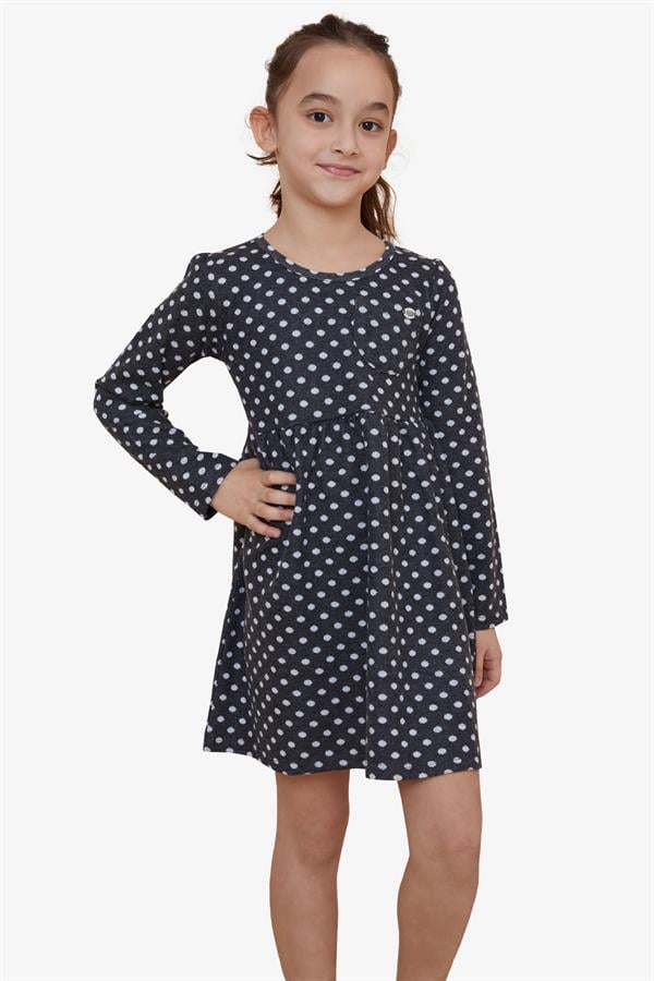 Girls' Long-Sleeved Dress with Polka Dot Pattern, Dark Gray (Ages 4-8)
