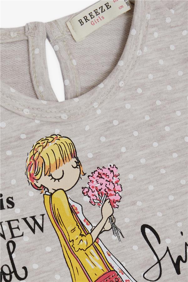 Girls' Long-Sleeved Dress with Polka Dot Pattern, Beige Melange (3-4 Years)