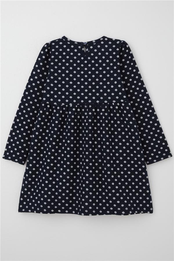 Girls' Long-Sleeved Dress with Polka Dot Pattern, Navy Blue (Ages 4-8)