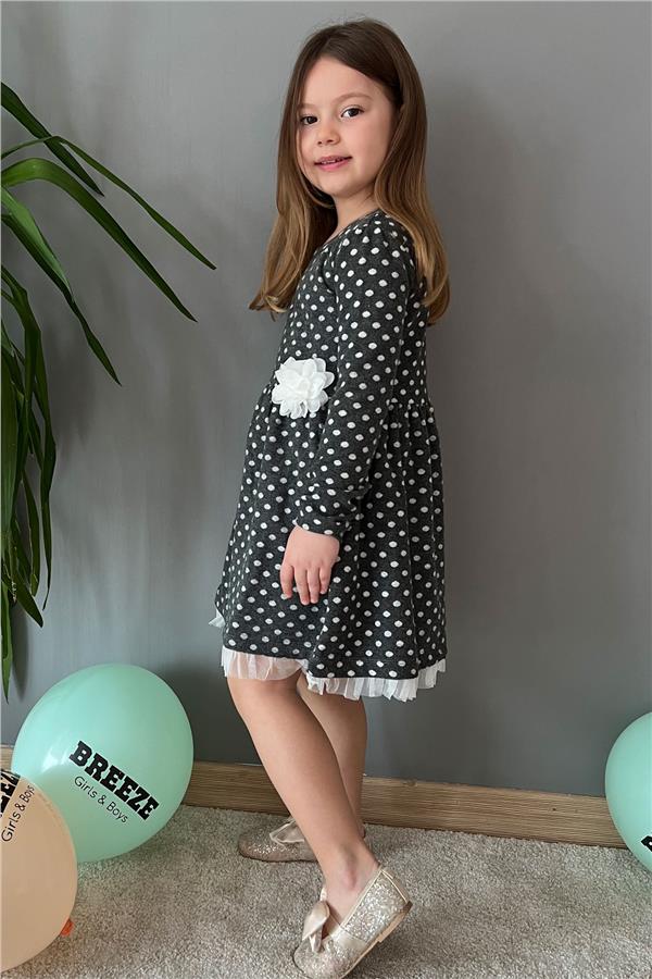 Girls' Long-Sleeved Dress with Polka Dots and White Flowers in Anthracite (Ages 3-7)