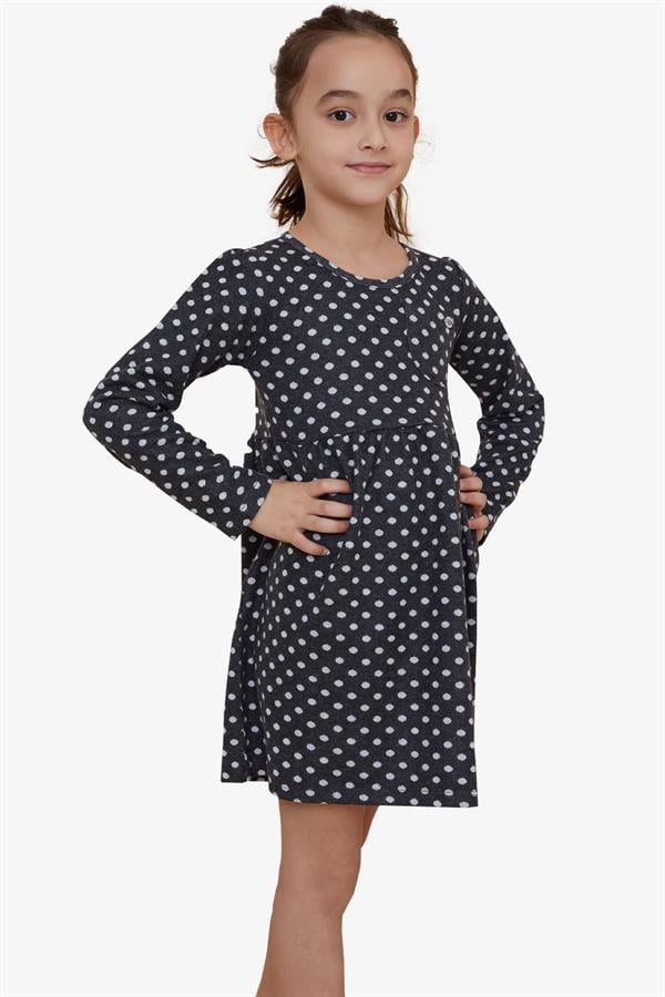 Girls' Long-Sleeved Dress with Polka Dot Pattern, Dark Gray (Ages 4-8)