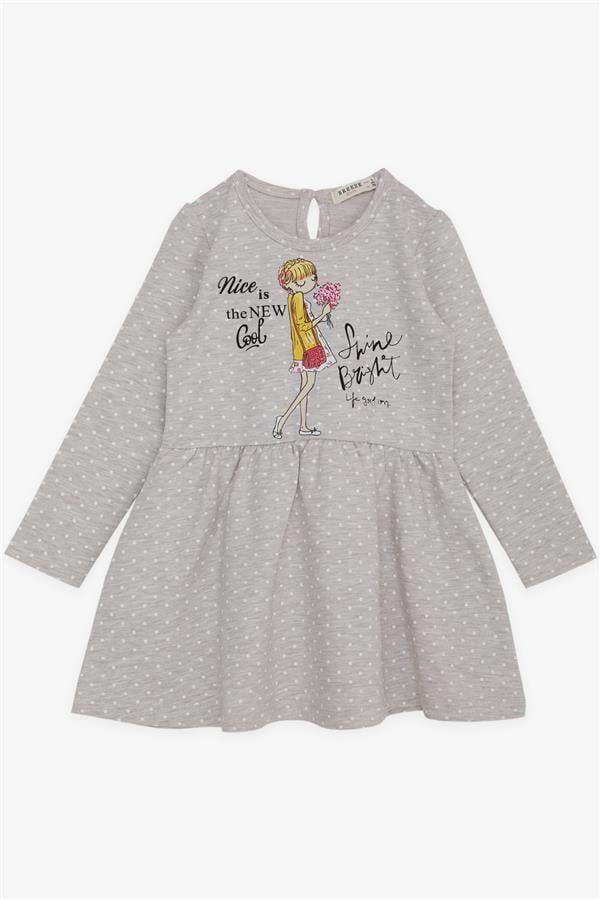 Girls' Long-Sleeved Dress with Polka Dot Pattern, Beige Melange (3-4 Years)